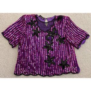 Vintage Royal Feelings Black Silk Sequin Top Purple Floral